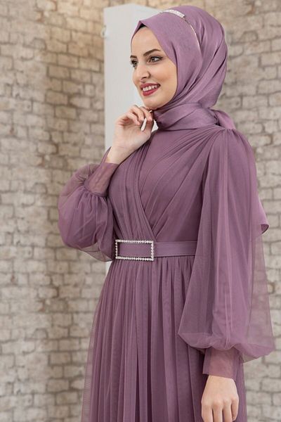 Fashion Showcase Rochie de seară cu curea mov cu bijuterii din tul Fsc2020
