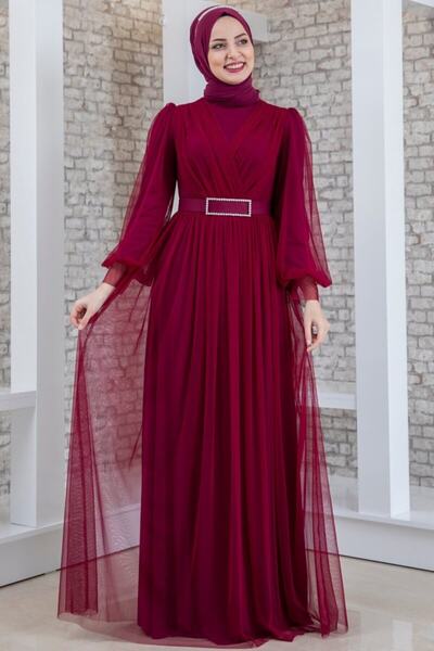 Fashion Showcase Women's Burgundy Belt Jewelled Tulle Detail Evening Dress Fsc2020