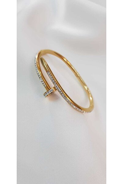 Turkuaz Zircon Stone Nail Detail Gold Plated Steel Handcuff Bracelet