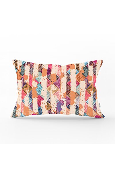 Realhomes Paster Renkli Işlenmiş Dörtgen Tasarımlı Dikdörtgen Kırlent Kılıfı