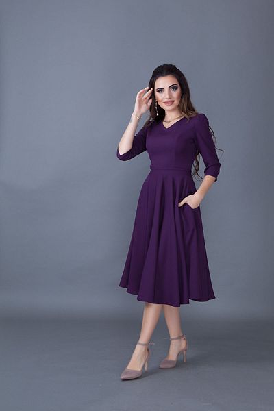 Bidoluelbise Women's Plum Midi Length Pocket Detailed V-Neck Dress