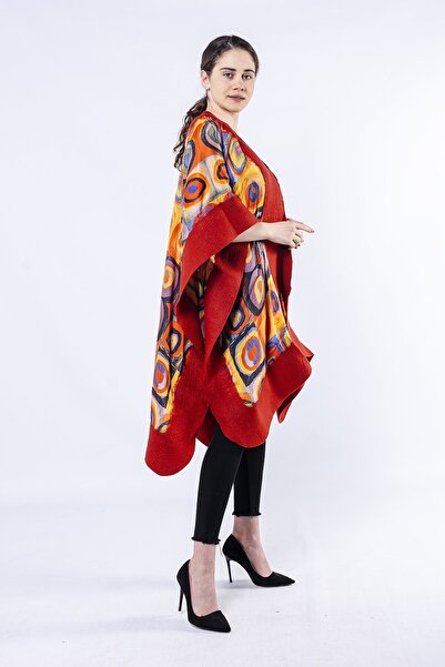 Nomads Felt İpek Keçe Panço | Kırmızı | Kandinsky Squares with Circles | Nomads Felt