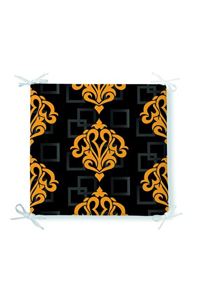 Realhomes وسادة كرسي بسحاب مطبوعة رقمية عرقية مع رسم ذهبي واسع على خلفية سوداء