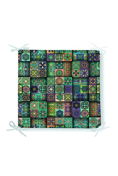 Realhomes Küçük Düz Vintage Dekoratif Kare Etnik Desenli Dijital Baskılı Fermuarlı Sandalye Minderi