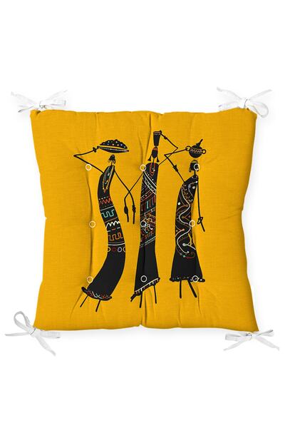 Realhomes Hardal Zeminde Etnik Figürlü Üç Kadın Baskılı Pofidik Sandalye Minderi