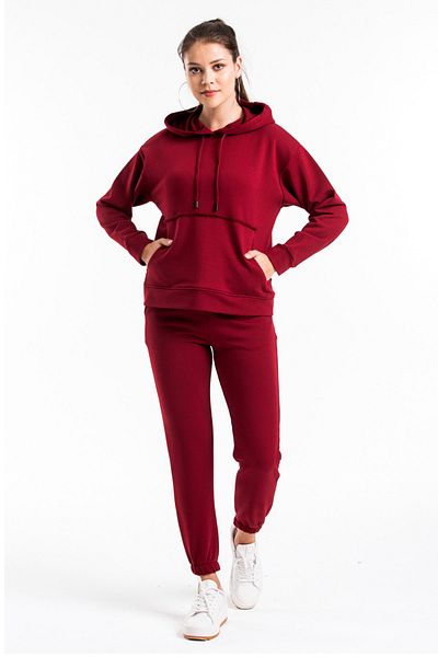 CAYA Women's Burgundy Dirty Stitching Kangaroo Pocket Detailed Tracksuit Set Cy84186