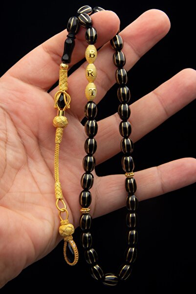 OTTOTESBİH 24k Altın Kaplama 1000 Ayar Gümüş Kazaz Püsküllü 925 Ayar Gümüş Harfli 7.5x10.5 mm Oltutaşı Tesbih