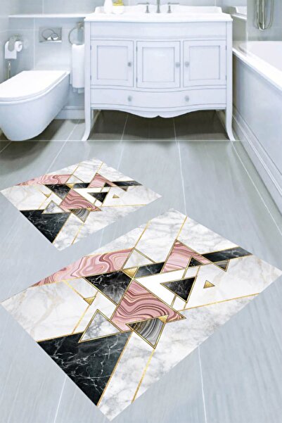 Resmiro Renkli Mermer Desenli 2?li Banyo Paspası (50x60 Cm - 60x100 Cm)