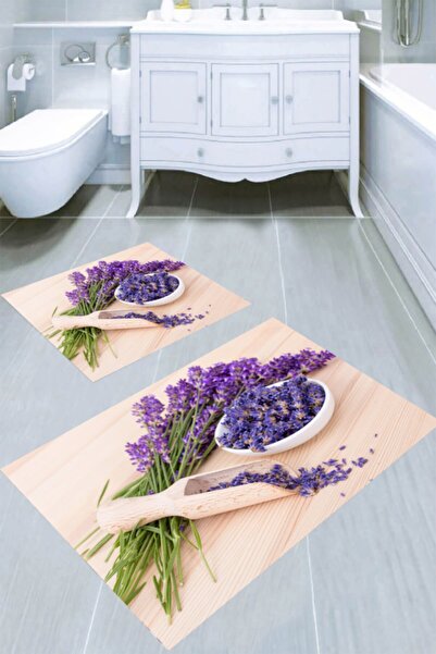 Resmiro Lavanta Taneleri Desenli 2?li Banyo Paspası (50x60 Cm - 60x100 Cm)