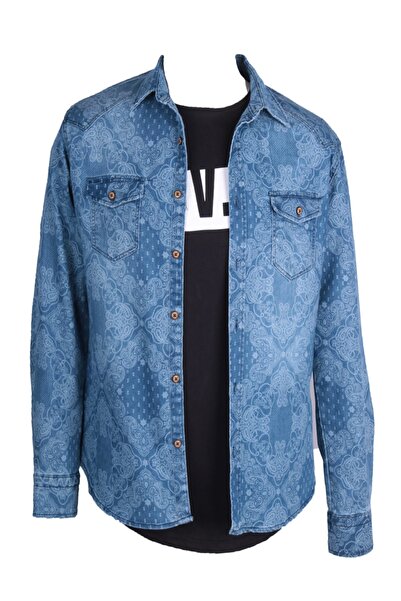 viking's line Erkek Gömlek Baskılı Denim