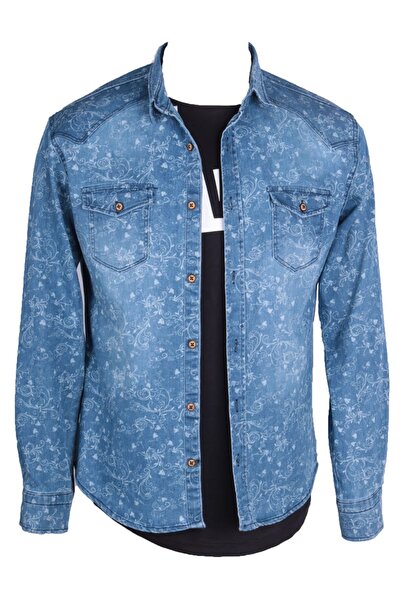 viking's line Erkek Mavi Denim Gömlek Baskılı Trent