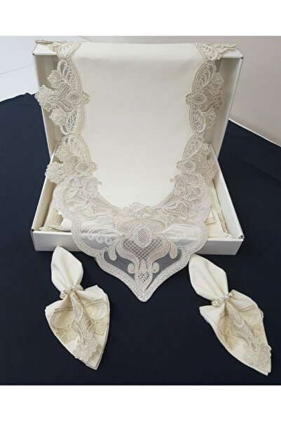 Almila Home Zeynoçeyiz 12 Kişilik Masa Örtüsü Takımı - Linen Fransız Dantel 1...