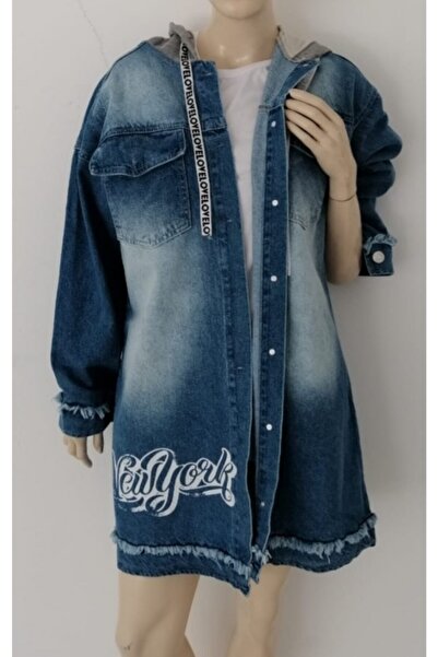 Hepsibitarz Kadın Mavi Jeans Denim Kot Kapüşonlu Tarz Oversize Mevsimlik Kadı...