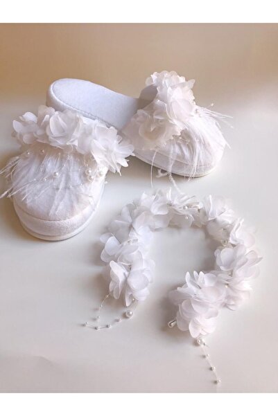 ALAZ TASARIM HOBİ طقم أمومة نسائي من الشيفون الأبيض والريش الزهري