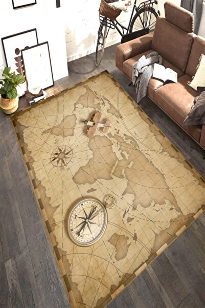 Resmiro Dünya Haritası Çizimi Ve Pusula Desenli Dijital Baskılı Halı