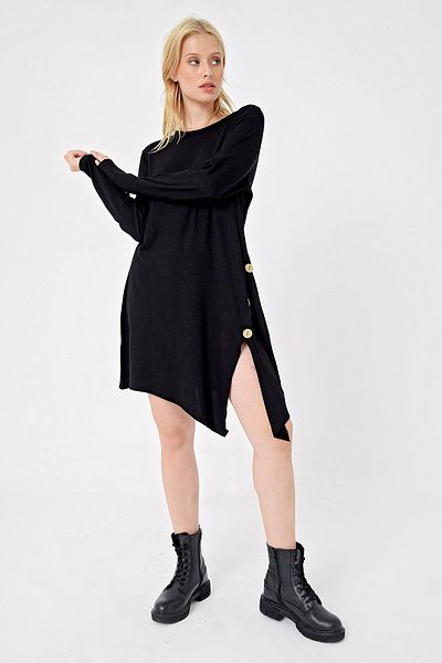 Trend Alaçatı Stili Women's Black Asymmetric Cut Button Detailed Viscon Dress ALC-X4860