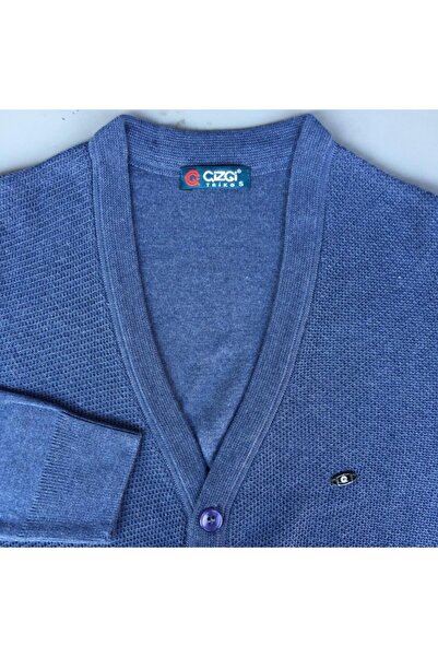 Çizgi Triko Erkek Düğmeli Hırka Mavi