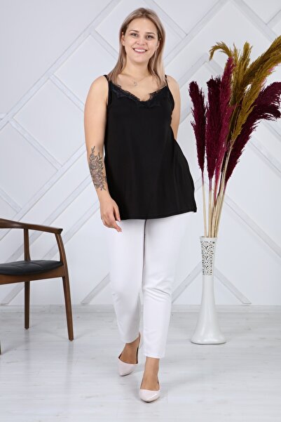 LİKRA Women's Black Plus Size Collar Guipure Detail Viscose Strap Blouse