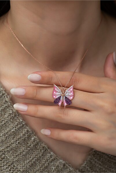 Nereze 925 Ayar Pembe Kelebek Kadın Gümüş Kolye