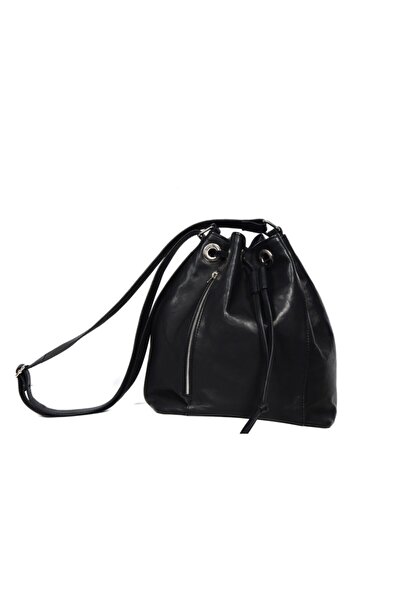 Veskemann Kadın Siyah Gun Torba Model Hakiki Deri Askılı Çanta