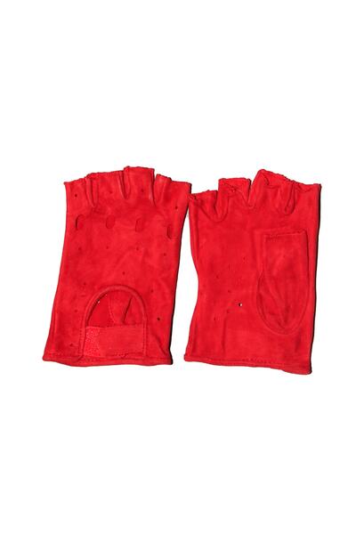 Deri Eldivenci Parmaksız Kadın Deri Eldiven Delikli (kırmızı Süet)