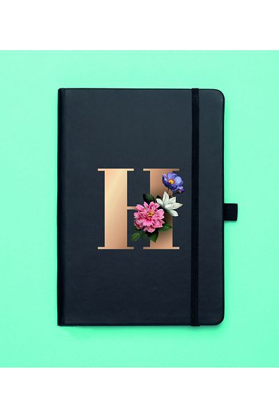 mooodcase Floral Pattern Gold Letter H Black Notepad
