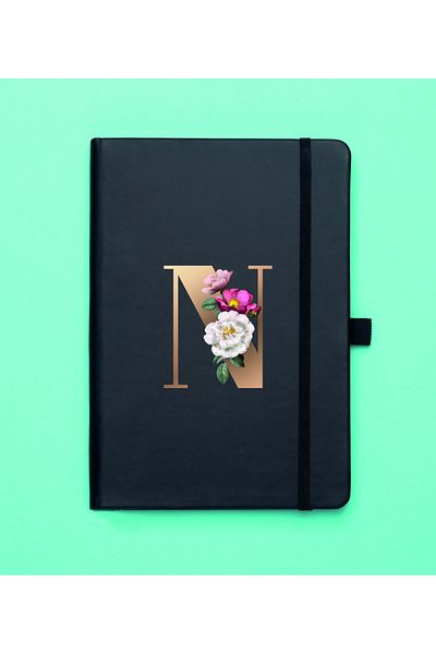mooodcase Floral Pattern Gold N Letter Black Notepad
