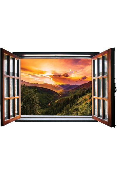 renkselart ملصق حائط للنافذة، غروب الشمس، الغابة، المناظر الطبيعية الجبلية-138