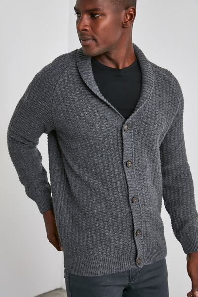 Trendyol Collection Anthracite Regular Shawl Collar Textured Cardigan Tmnaw21Hi0319