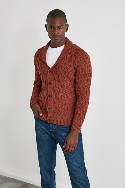 Trendyol Collection Herren-Strickjacke in Ziegelfarbe mit Schalkragen – Haarstrickdetail TMNAW21HI0320