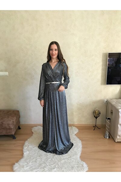 HaiModa Kadın Gri Uzun Kruvaze Parlak Elbise