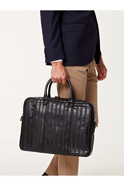 EMNANA Erkek Siyah Deri Sepet Dokulu Laptop Çantası