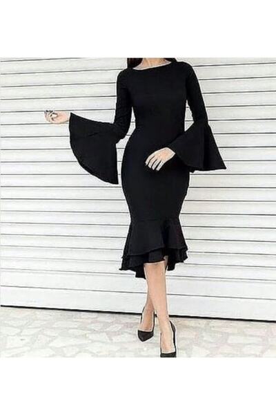 Styling Park Kadın Siyah İspanyol Kol Etek Ucu Volanlı Elbise