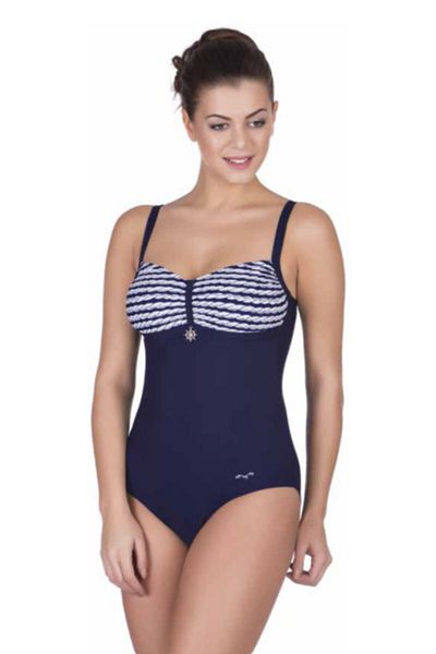 Seamark Women's Navy Blue Line Detailed Minimazer Swimsuit