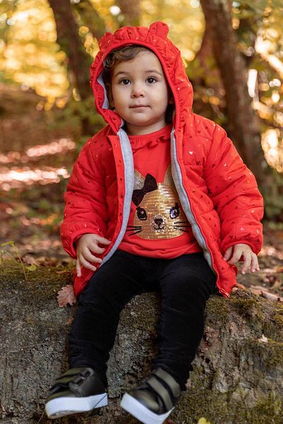 DeFacto Red Baby Girl Heart Printed Coat