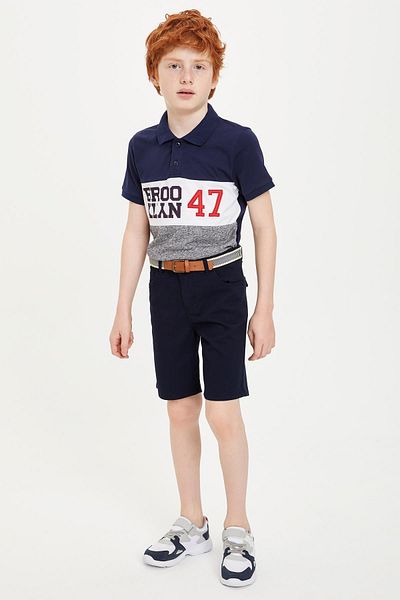 DeFacto Navy Blue Boy's Brooklyn Printed Color Block Polo Neck T-Shirt
