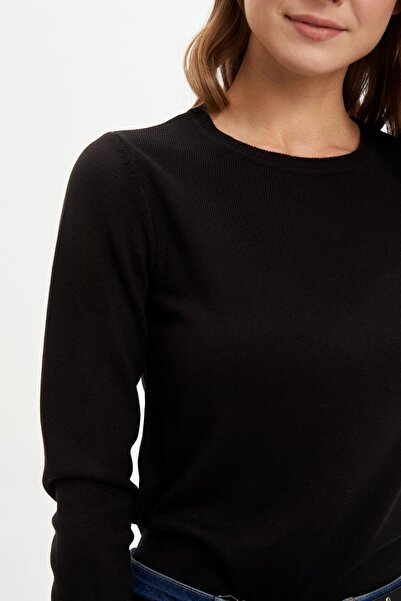 DeFacto Pulover de tricotat din cașmir cu textura extra moale pentru femei, negru, cu gâtul rotund, cu potrivire relaxată F7091AZ18AU