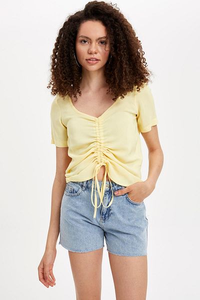 DeFacto Women's Yellow Gather Detailed Short Sleeve Blouse L5896AZ.19HS.YL273