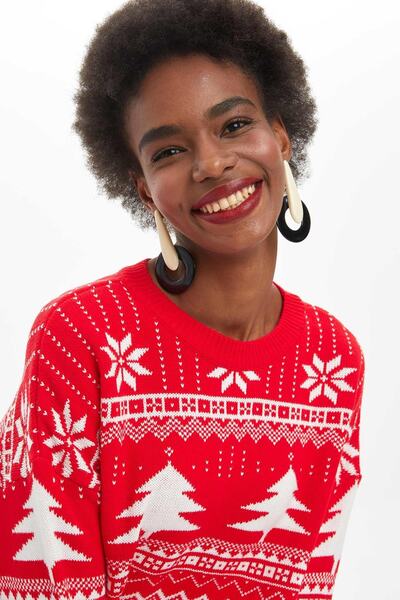 DeFacto Pulover de damă tricotaj cu model roșu - L5742AZ19WN