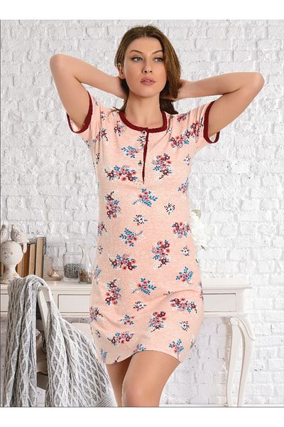 Ars Beige Crew Neck Floral Print Women's Nightgown Sleepwear - Short Sleeve