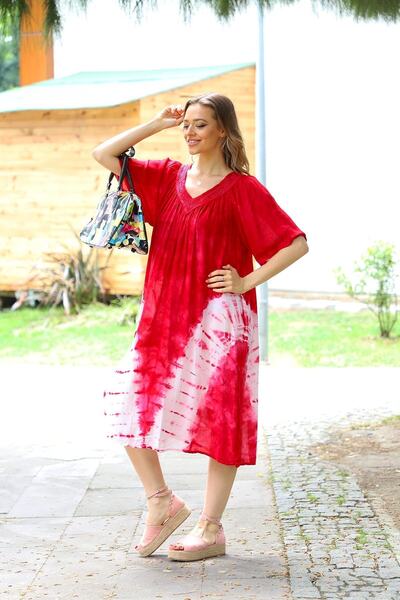 YILSOY TEKSTİL Kadın Kırmızı Kısa Kollu Dantel Yaka Batik Elbise