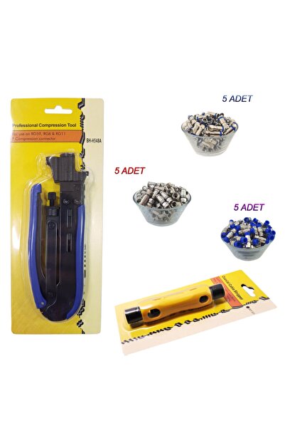 OEM F Konnektör Sıkma Pensesi + Kablo Soyucu + 15 Adet Çeşitli Sıkmalı F Konnektör