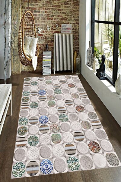 Resmiro Dama Görünüm Yuvarlak Taş Desenli Dijital Baskılı Halı