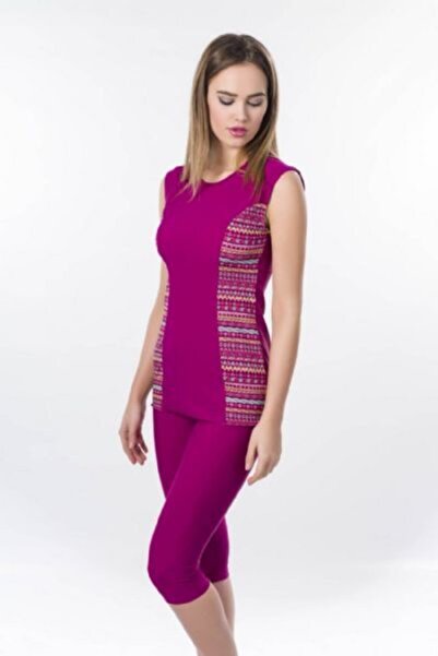 Seamark Kadın Mürdüm Etnik Desenli Taytlı Mayo