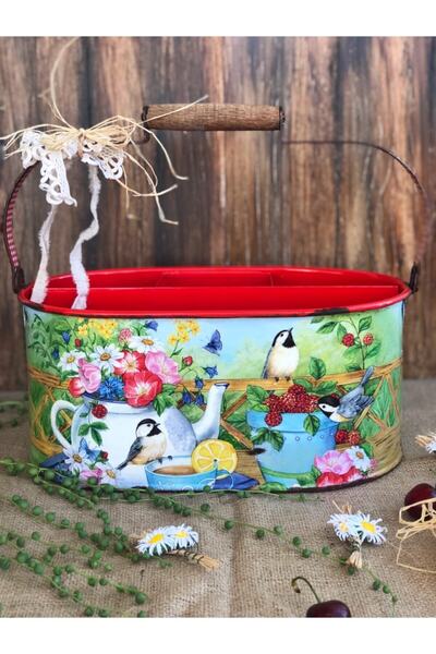 Handmadesign Kuşlu Renkli Çiçekli Fincan Galvaniz Çok Amaçlı Bölmeli Sepet/ O...