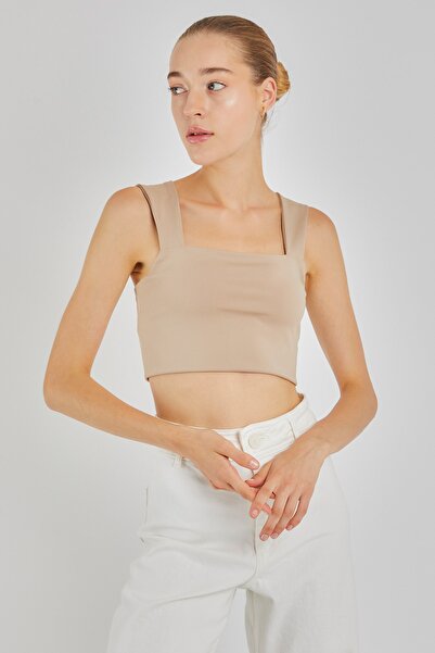 LAMODEMAPASS Bej Kalın Askılı Crop Top