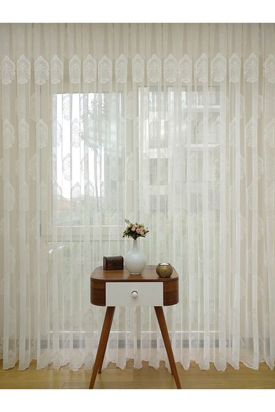 Esse Home Damask Patterned Special Knitted Textured Tulle Curtain, 350x260, Sparse Pleat, 1/2