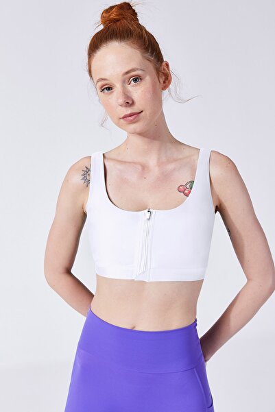 Beyaz Athena Fermuarlı Yoga & Pilates Sporcu Sütyeni