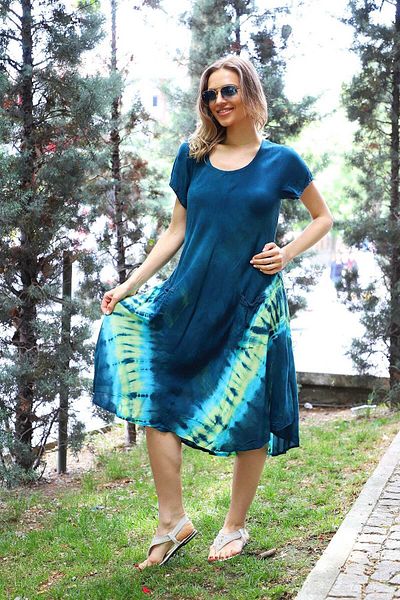 YILSOY TEKSTİL Γυναικείο πράσινο μπατίκ φόρεμα με μισό μανίκι με τσέπες