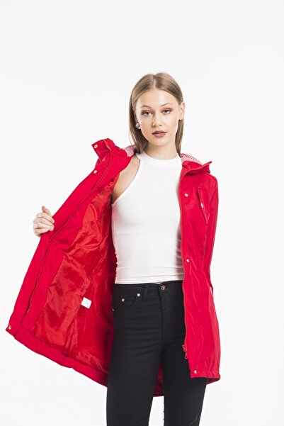 ladyzey Kadın Kapüşonlu Beli Lastkli Katlanabilir Kol Astarlı Trençkot